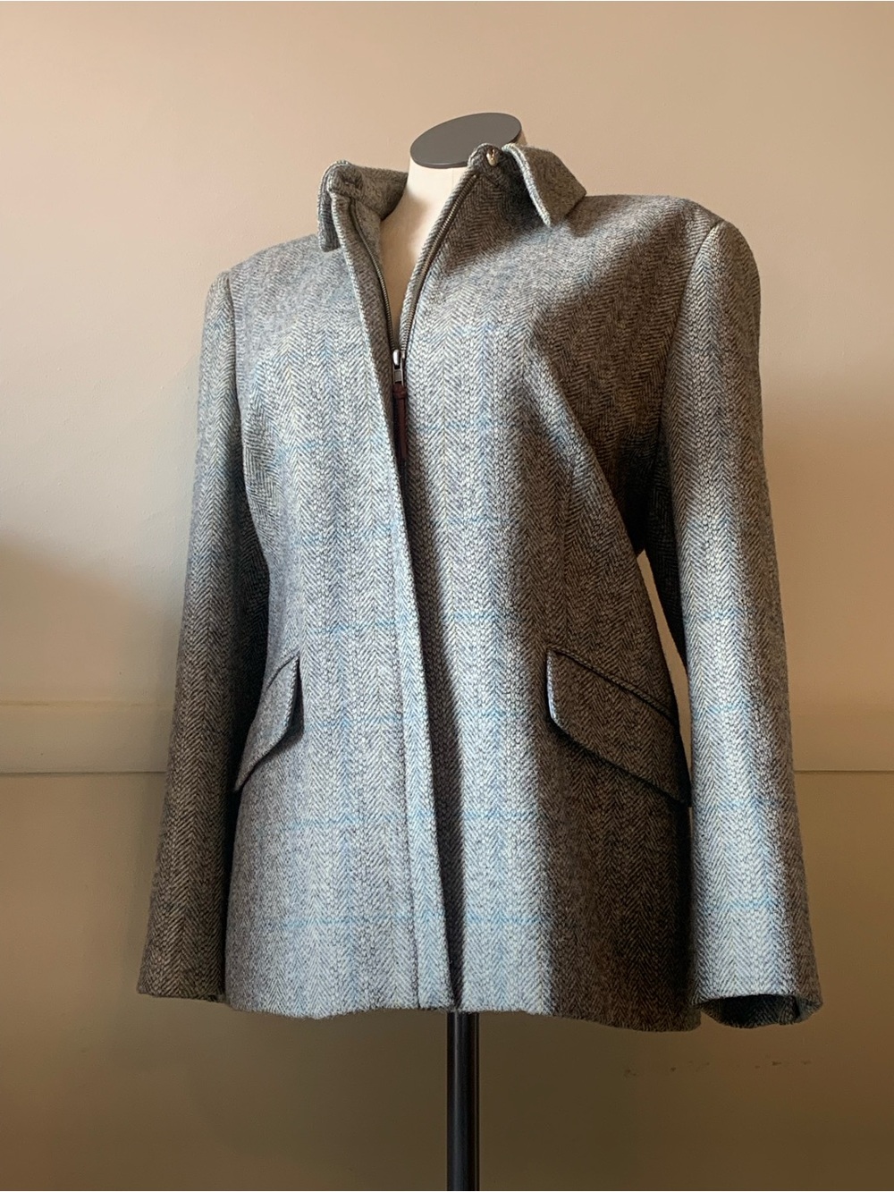 Wool Ralph Lauren Gray Herringbone Zip-Front Blazer Jacket